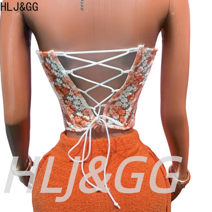 HLJ&GG Sweet Lace Flower Embroidery Corset Two Piece Sets Women Off Shoulder Bandage Slim Top And Tassel Mini Skirts Streetwear