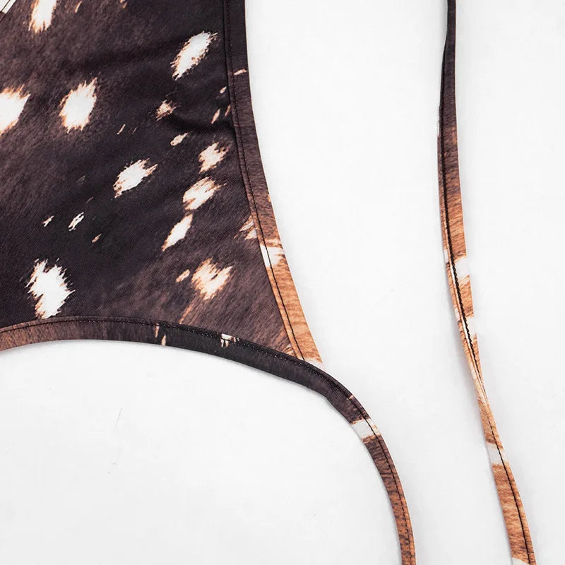 FAGADOER Deer Print Sexy Hollow Out Romper Hot Girl Bandage Halter Shorts Backless Bodycon Jumpsuits New Trendy Streetwear