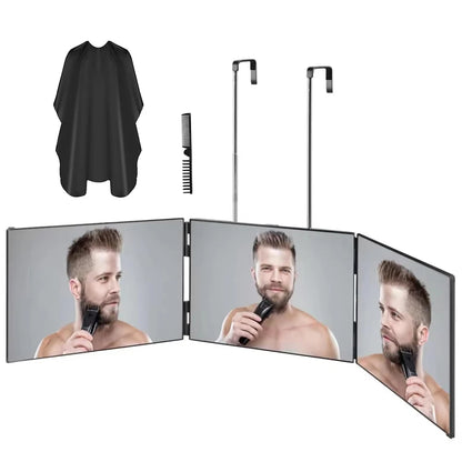 Travel Portable 360° Trifold Vanity Makeup Mirror with Height Adjustable Telescoping Hook for Hair Self Cutting, Shaving, Gifts