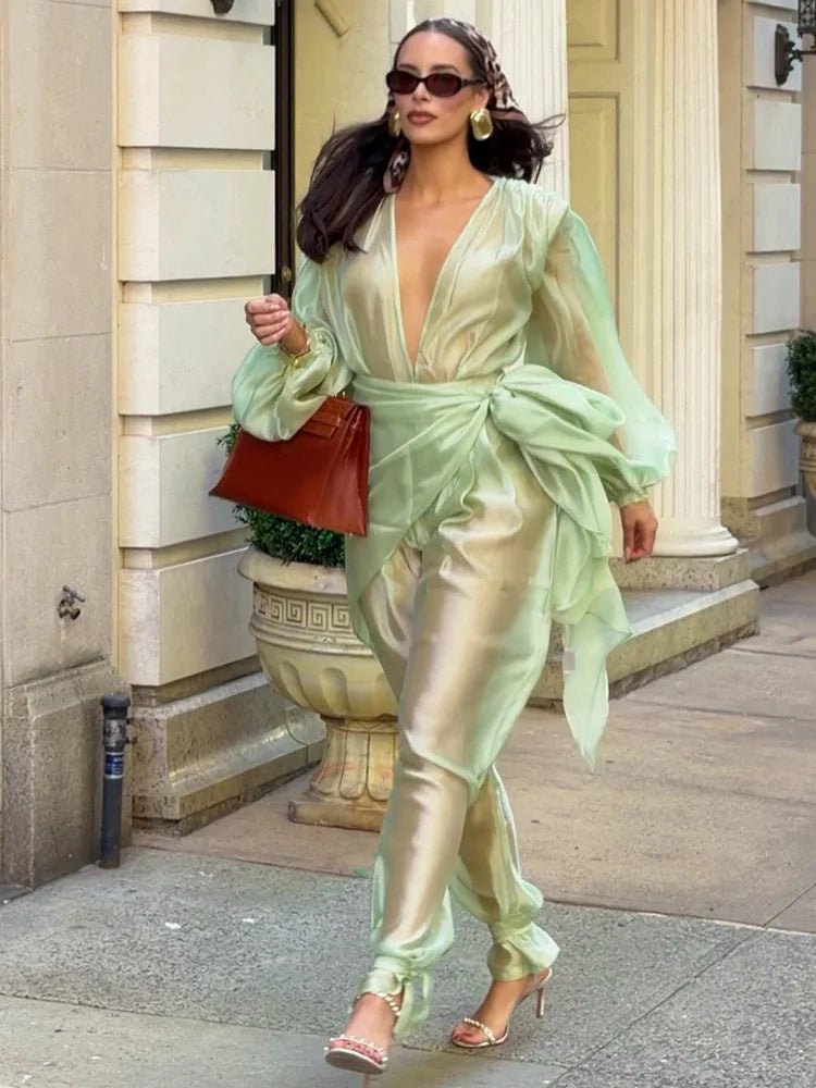 Sexy See Through Women's Jumpsuit V-Neck Long Lantern Sleeve Lace-Up Scarf Lady Rompers 2026 Summer Autumn Female Wear New
