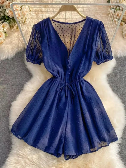 2025 Summer Women Playsuit Polka Dot See Through Thin Beach Rompers Sexy V-neck Short Sleeve Drawstring Sash Slim Waist Overalls