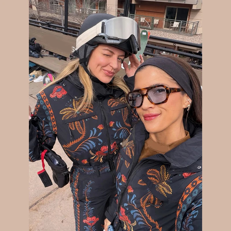 Women's Skiwear Printed With Belt Jumpsuits Winter Female Stand Collar Long Sleeve Zipper Slim Jumpsuit New Ladies Ski Sportwear