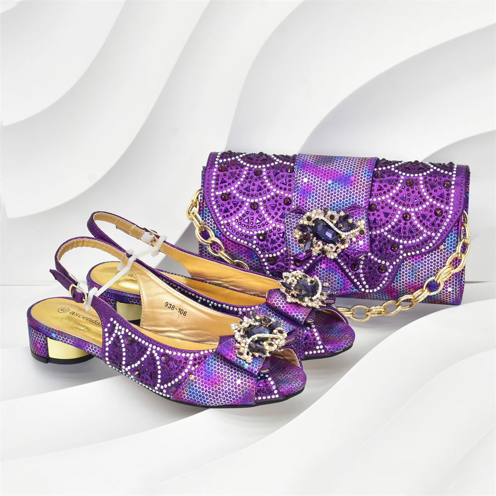 Elegant Peep Toe Low Heels Rhinestone Handbag Set for Women Bag and Shoe Woman Set Luxury Wedding Party Footwear and Accessory