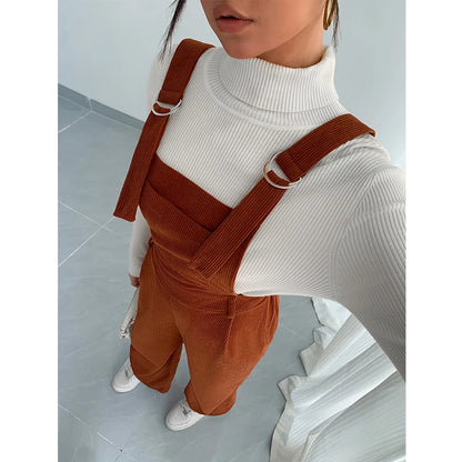 Women Casual Jumpsuit Corduroy Wide Shoulder Straps Button Detail Solid Color Relaxed Fit Autumn Winter Hand Wash Only