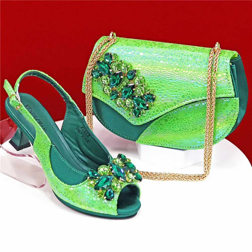 Elegant Orange Color 2025 Rhinestone High-Heels Shoes & Handbag Set – Luxury Wedding & Party Accessories