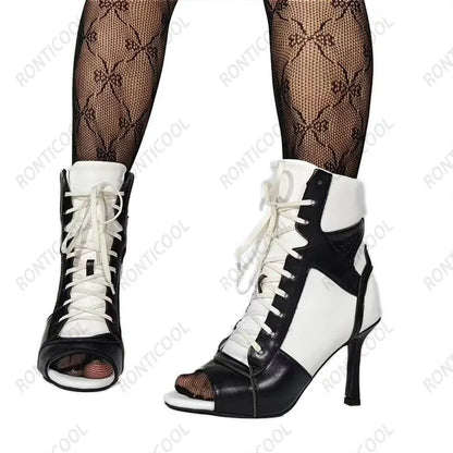 Ronticool Handmade Peep Toe Ankle Boots - Black and White Leather High Heel Shoes with Lace Up Design Size 36-43