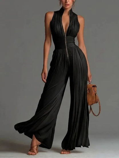 Elegant Stand Collar Zipper Pleated Jumpsuit Women's Solid High Waist Wide Leg Romper Summer Sleeveless Vacation Overalls