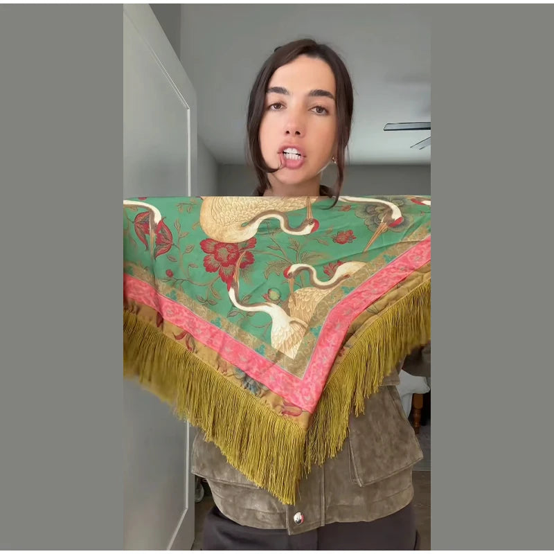Tassel Floral Women ’s Scarf Large Square Silky Satin Scarf With Olive Fringe Trim Scarf Female 2026 Spring Woman Accessory