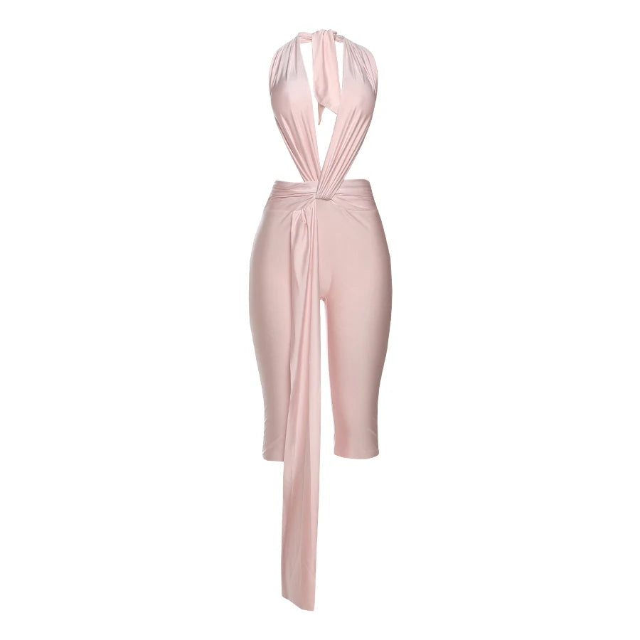 Weird Puss Ribbon Halter Romper Women Backless Patchwork Sleeveless Elastic Workout Activewear Midnight Activity Slim Playsuits