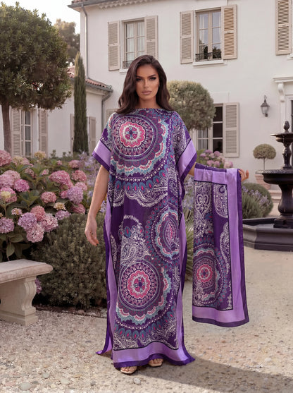 Boho Mandala Paisley Print Satin Abaya Scarf Set, Loose Batwing Maxi Kaftan For Muslim Women Summer Beach Vacation Wear