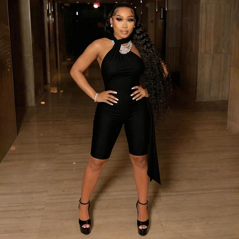 FAGADOER Sexy Halter Bandage Backless Jumpsuits Women Hip Ruched Skinny Rompers Overalls Party Slim Party Nightclub Playsuits