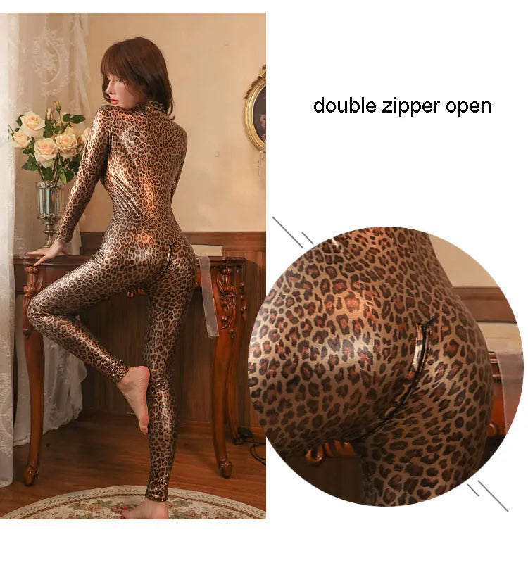 Long Sleeve Shiny PU Leather Catsuit Two Way Zipper Open Crotch Bodysuit Tights Cosplay Leotard Conjoined Sexy Clubwear Jumpsuit