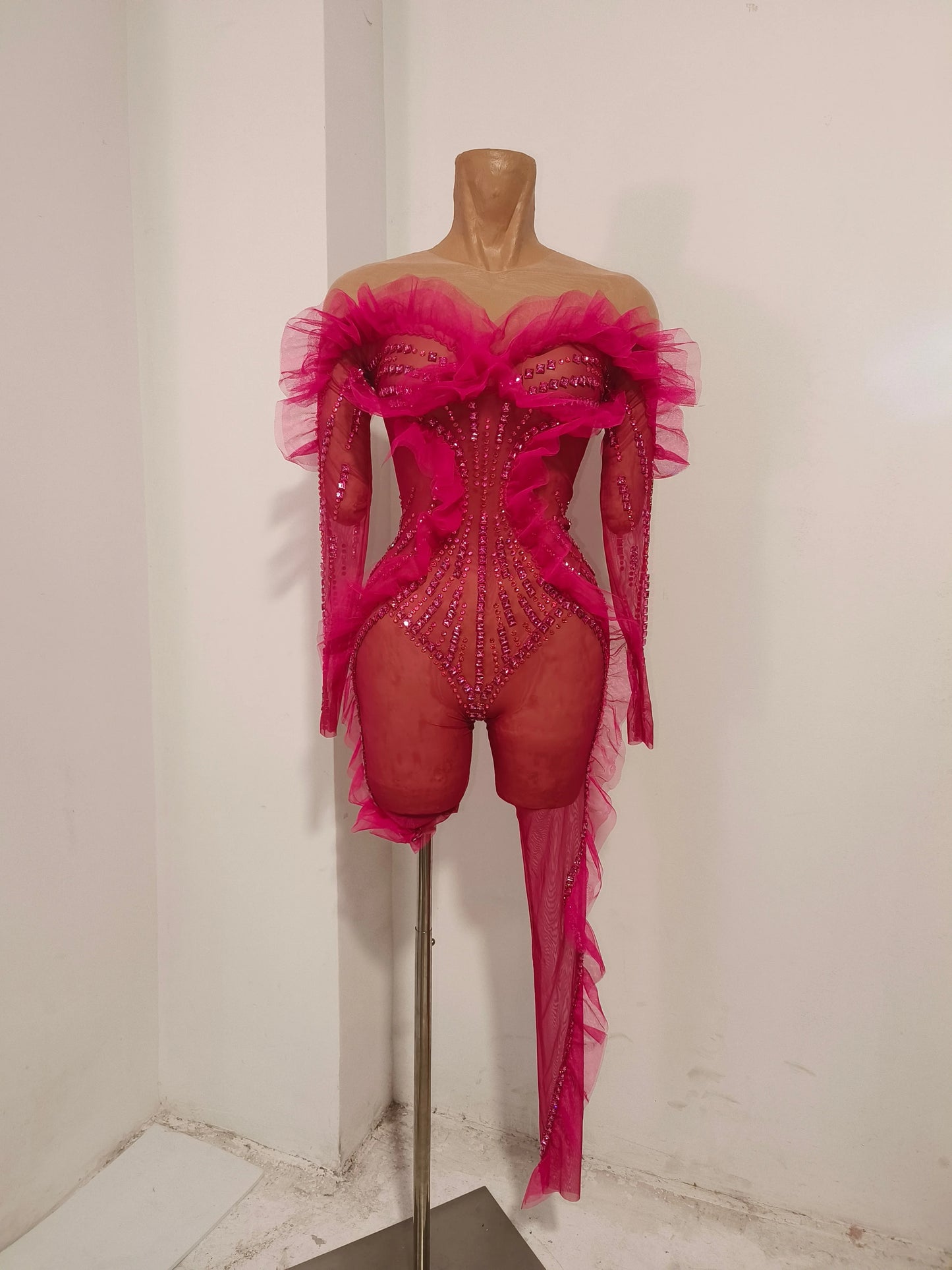 Luxury Rhinestone Mesh Bodysuit Ruffle Frill and Asymmetrical Design Formal Events Photoshoots Stage Performance Party Outfit