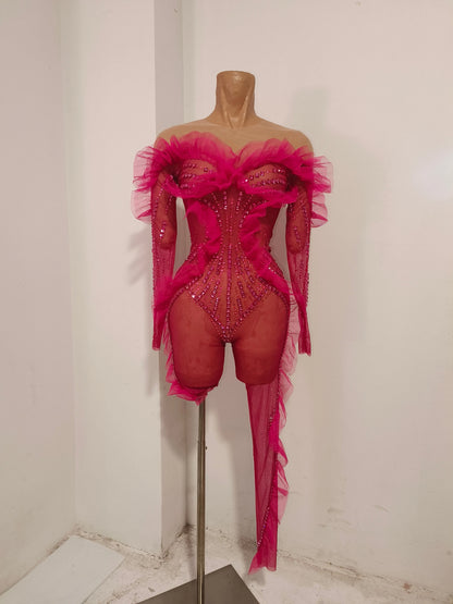 Luxury Rhinestone Mesh Bodysuit Ruffle Frill and Asymmetrical Design Formal Events Photoshoots Stage Performance Party Outfit