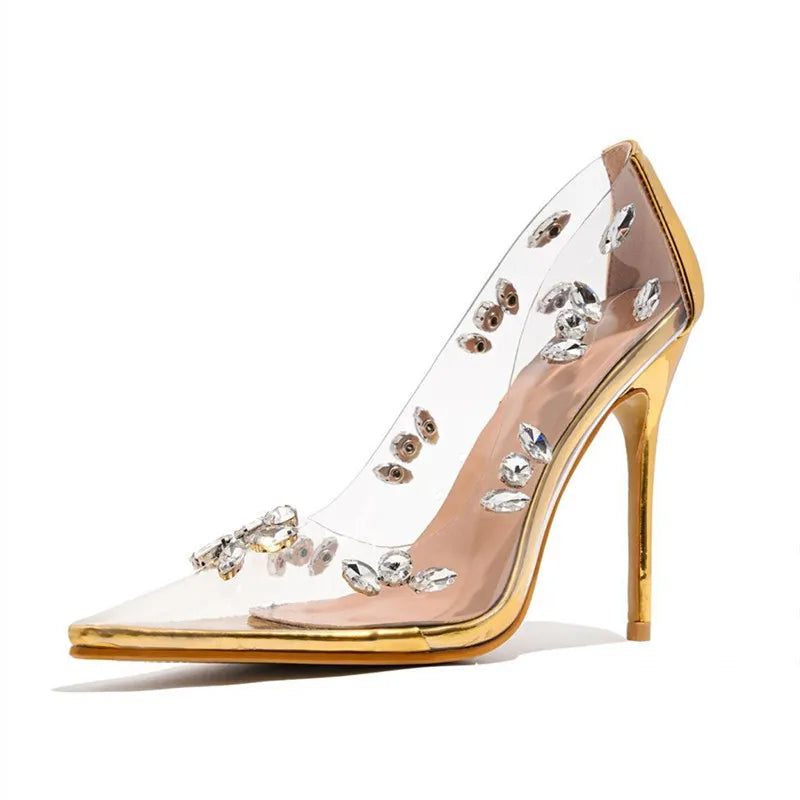 Luxury Rhinestones Transparent PVC Women Pumps Elegant Pointed toe Thin High heels Spring Summer Wedding Bridals Dress Shoes