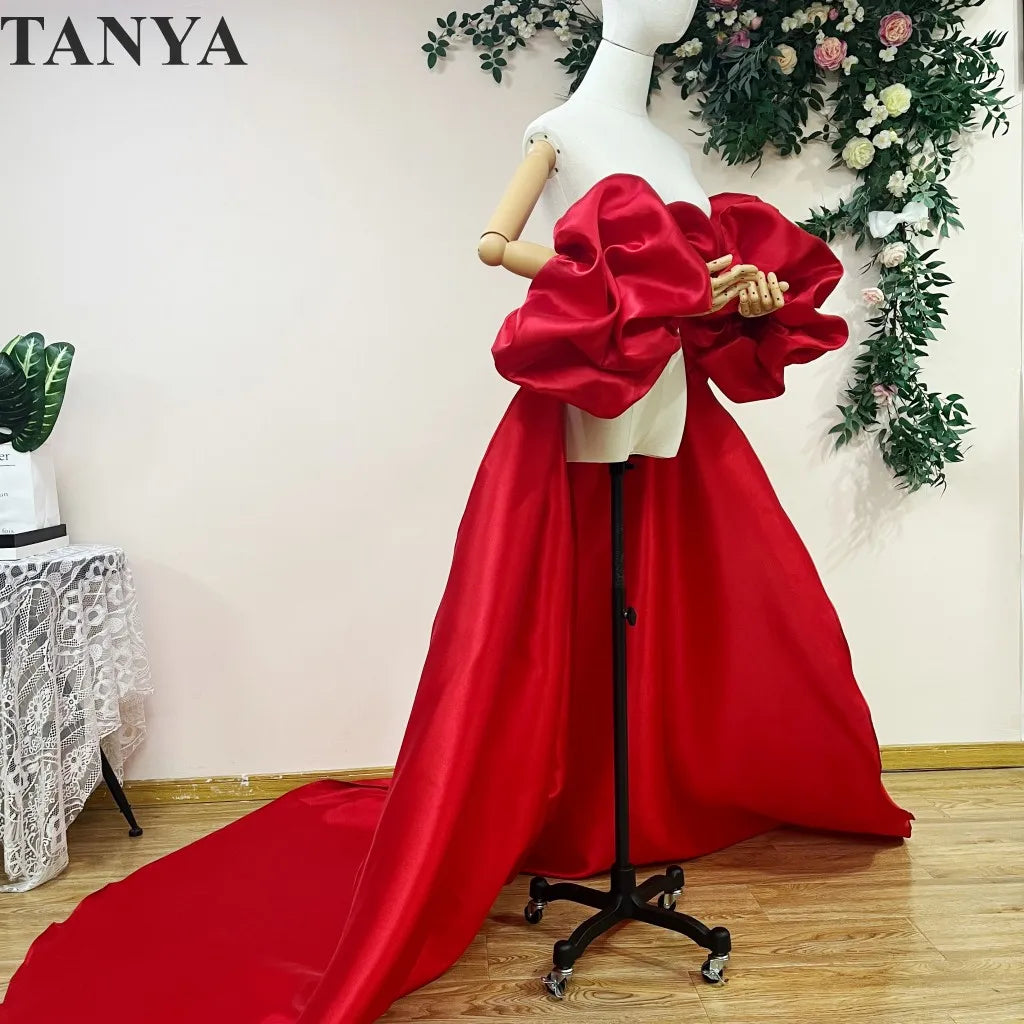 Red  Mikado Satin Long Wedding Cape Puffy Short Sleeves Court Tain Evening Cape Outfit Coat For Women Costume DJ199