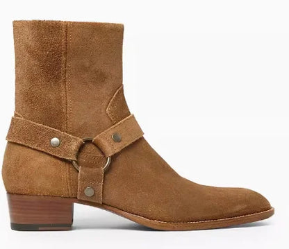 Brown Men Chelsea Boots Handmade High-quality Cow Suede Business Casual Square Toe Mid-heel Men Shoes Motorcycle Boots With Heel