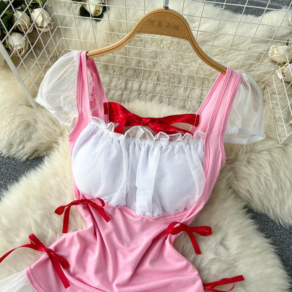 Coquette Lace Lingerie Set Sexy Mesh Bodysuit Valentines Day Sleepwear Gothic Strappy Catsuit Intimate Nightwear Romper