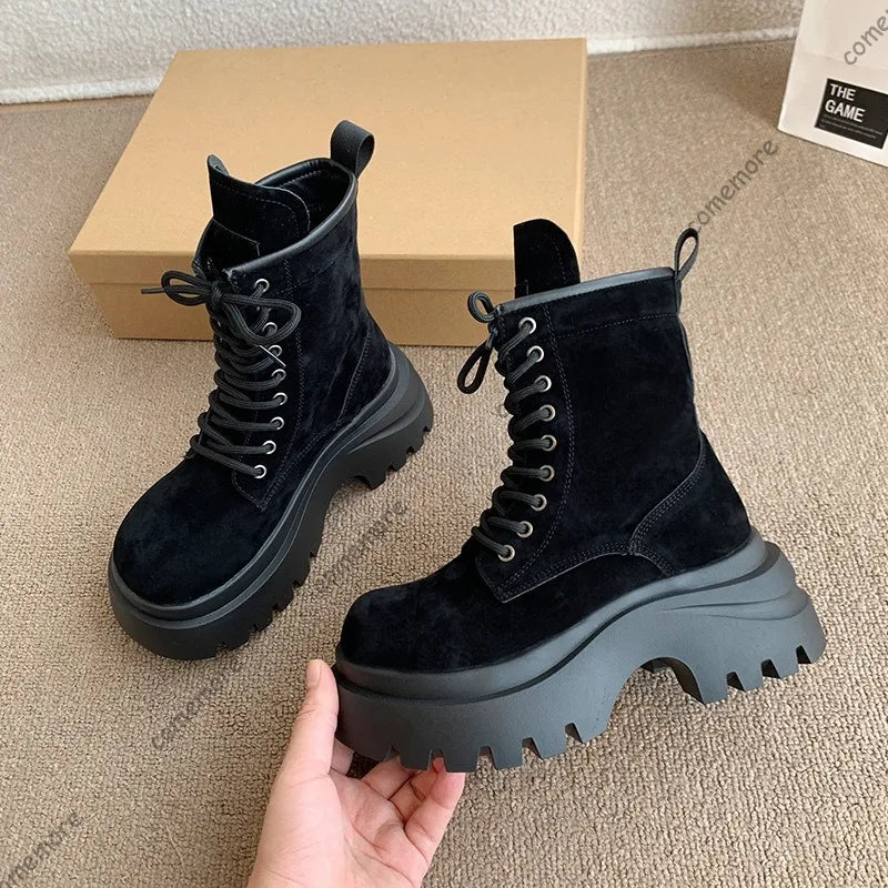 Comemore Platform Lace Up Ankle Boots Retro British Style Chunky Heeled Suede Leather Shoes for Women Solid Short Work Botas