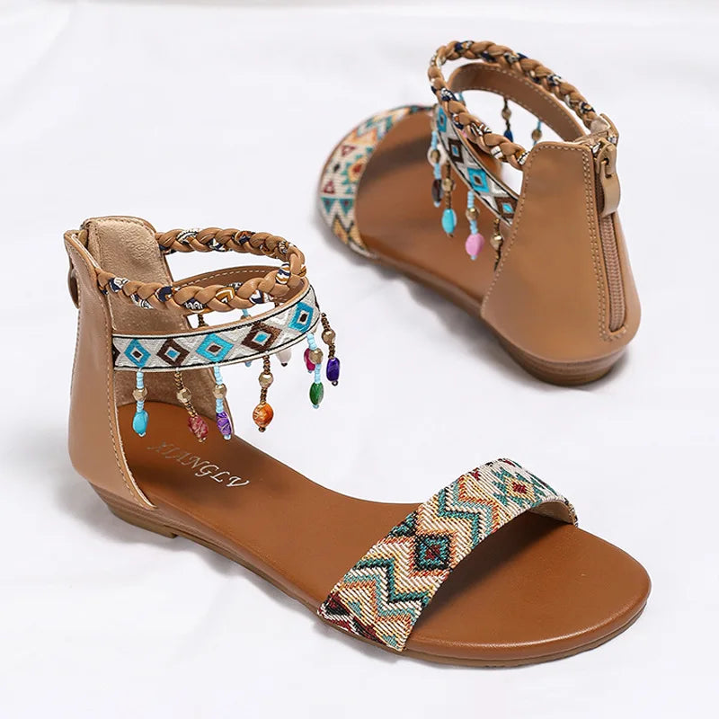 High quality leather flat sandals for women 2.5cm low heel vintage print new summer 2026 36 42 open toe casual shoe black brown