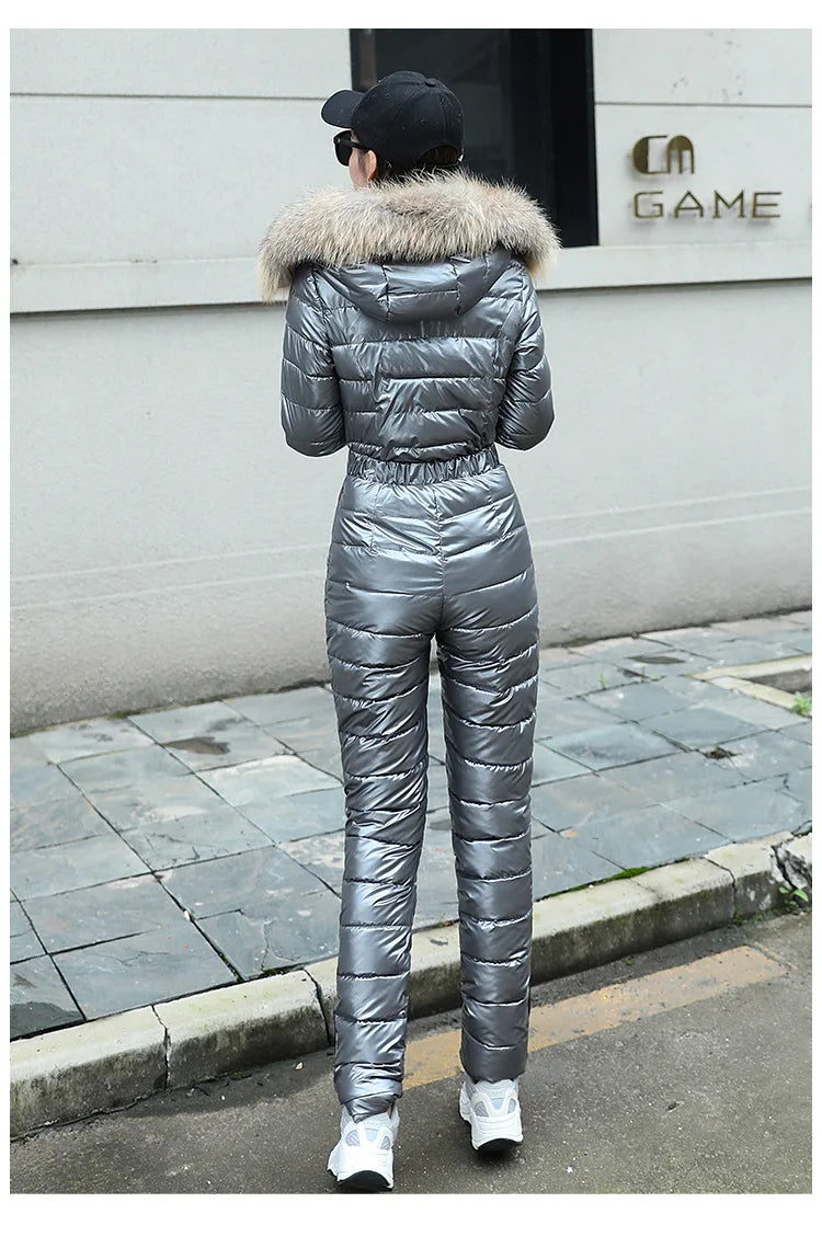 Jumpsuits One Piece Ski Suit Winter Thicken Snow Place Down Cotton Women Suits Warm Hooded Waist Slim Shiny Outdoor Sports