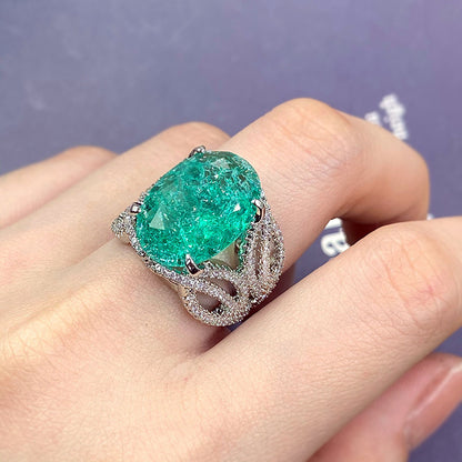 925 Silver Plated Exquisite Blue Green Moissanite Ring Fire Sparkling Luxury Open Ring Female Party Birthday Jewelry Gift