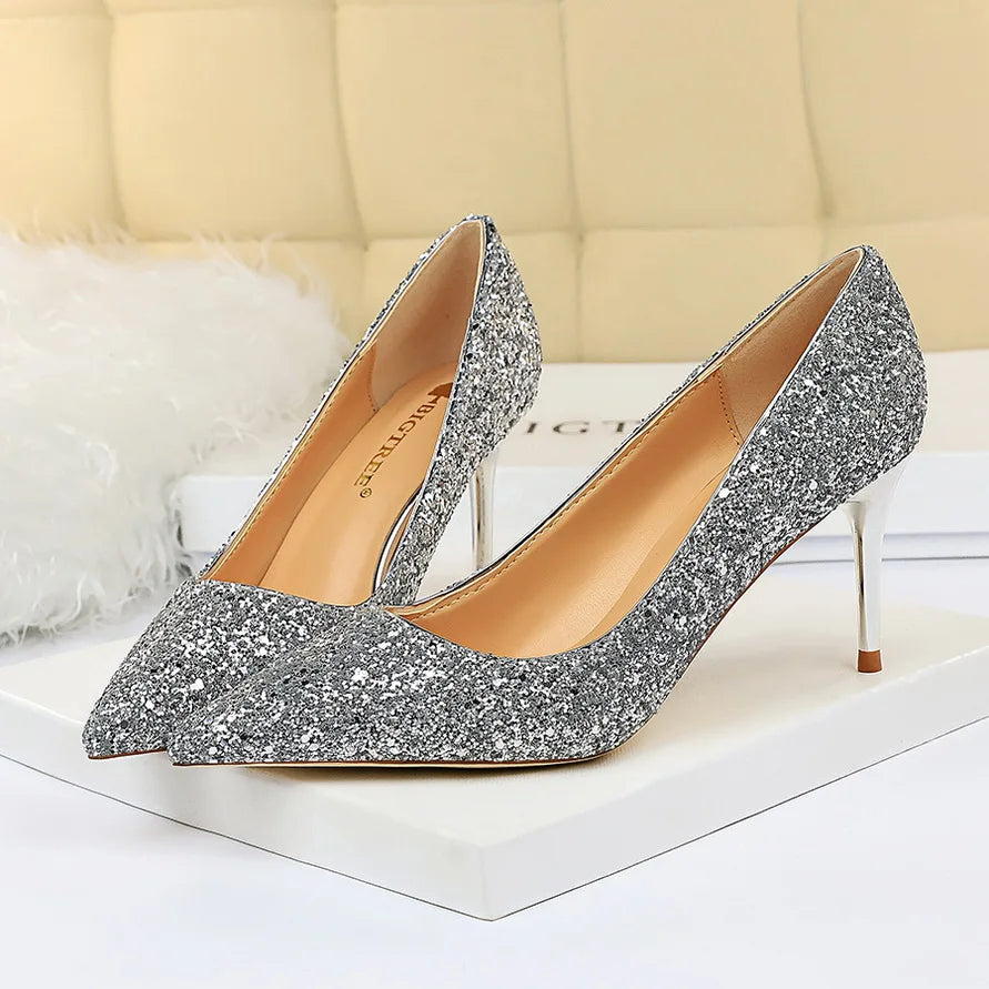 Women 7cm 9.5cm High Heels Pumps Wedding Bridal Scarpins Sparkly Mid Heels Lady Party Sequins Glitter Evening Gold Silver Shoes