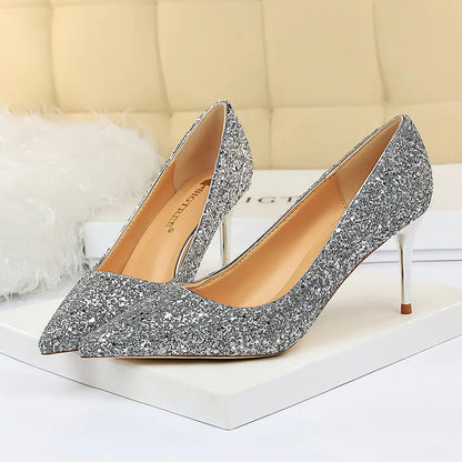 Women 7cm 9.5cm High Heels Pumps Wedding Bridal Scarpins Sparkly Mid Heels Lady Party Sequins Glitter Evening Gold Silver Shoes