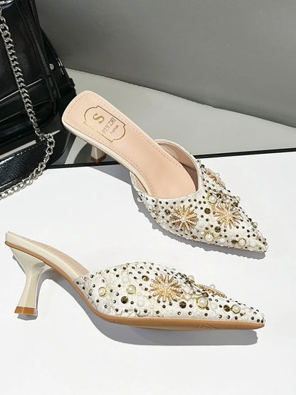 Luxury String Bead Decoration Design Brand High Heel Slippers Women Shiny Rhinestone Slide Sandals Elegant Wedding Bridal Shoes