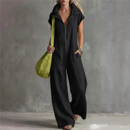 Summer New Fashion Zipper Lapel Short-sleeved Loose Women's Jumpsuit 2026 Loose Simple Pocket Casual Vacation Female Jumpsuit