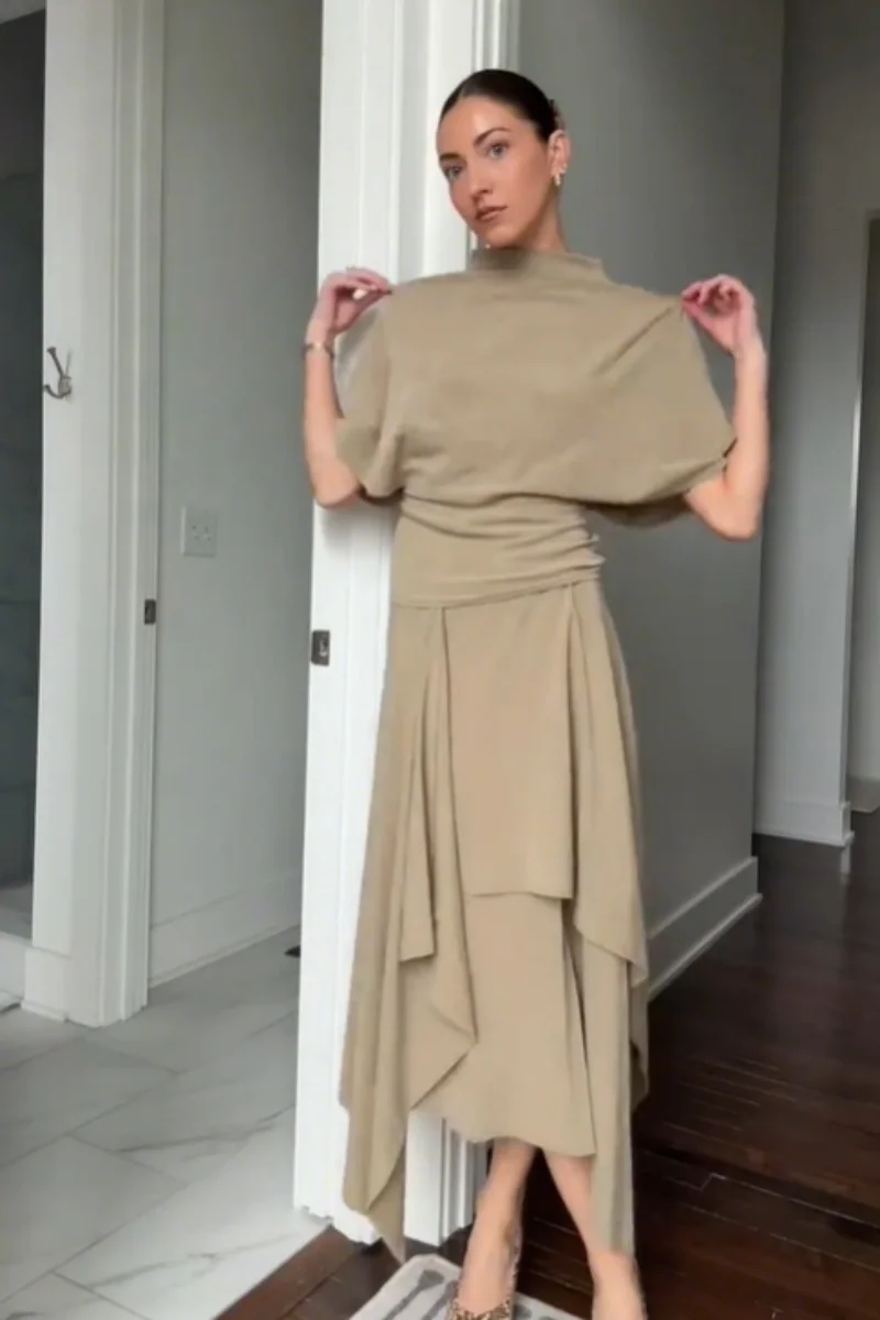 Fashion Elegant Casual Top Skirt Sets High Neck Loose Crop Shirt Irregular Pleated Hem Long Skirt 2026 New Lady Commuter Outfits