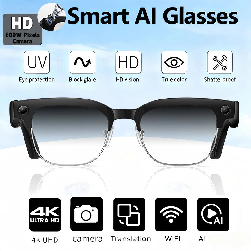 2026 New Smart Glasses Men 800W Camera Video Recording AI Recog Bluetooth Call Voice Translation Outdoor Driving Sunglasses
