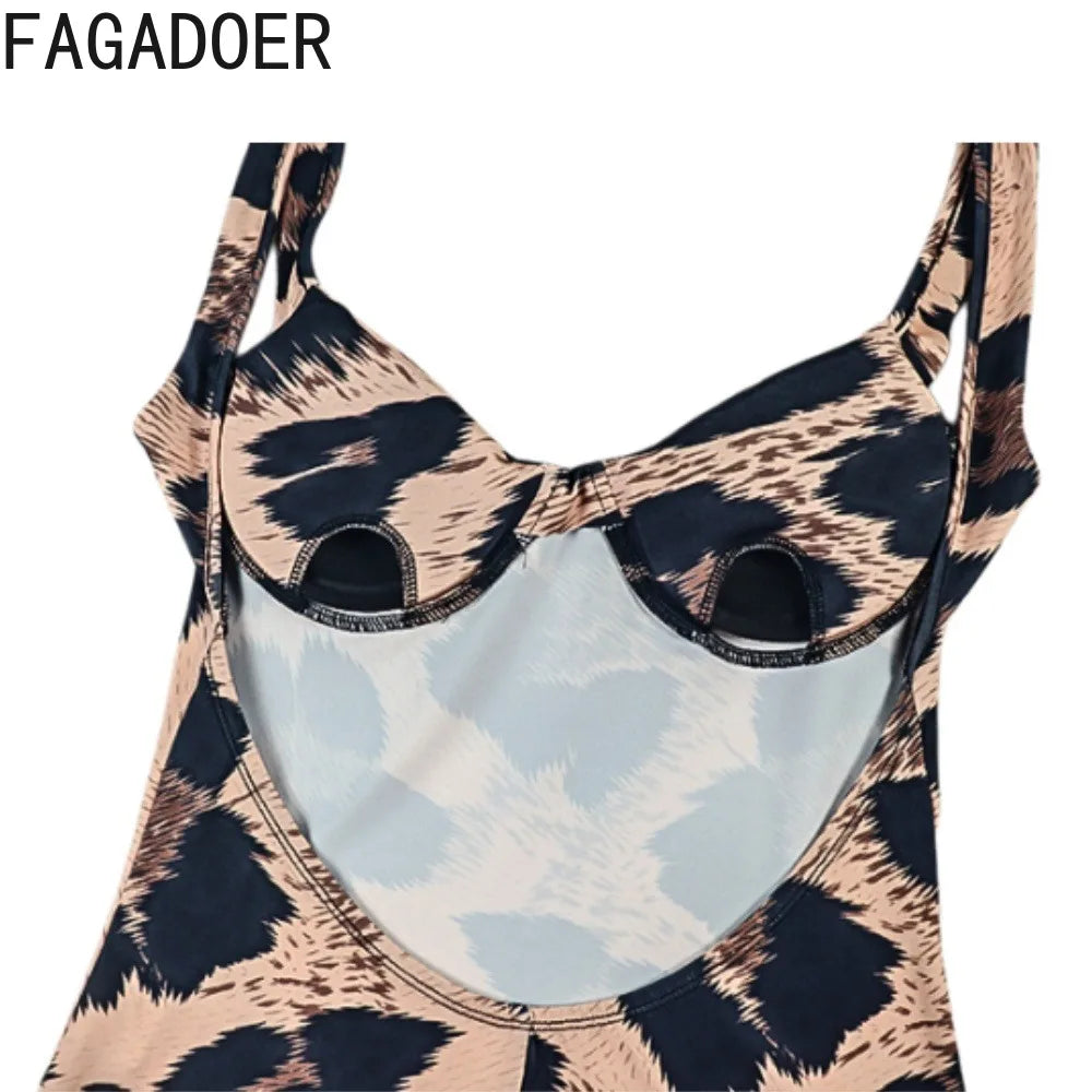 FAGADOER 2026 Sexy Leopard Print Bodycon Jumpsuits Women Fashion Spaghetti Strap Backless Rompers Streetwear Club Playsuits New