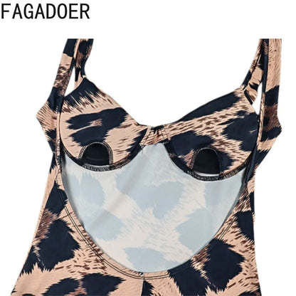 FAGADOER 2026 Sexy Leopard Print Bodycon Jumpsuits Women Fashion Spaghetti Strap Backless Rompers Streetwear Club Playsuits New