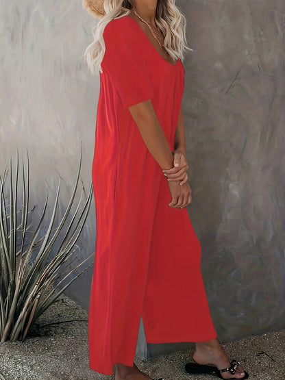 Plus Size 0XL-5XL Summer Rompers Overalls Women's Solid Color Jumpsuit with Pockets Casual Fashion Short Sleeve Jumpsuits