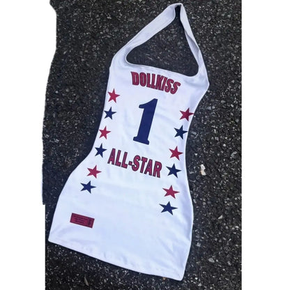 2025 Streetwear Letter Printing Halter Dress Harajuku Sexy Sleeveless Mini Dresses Y2k Aesthetic Women Backless Bodycon Vestidos