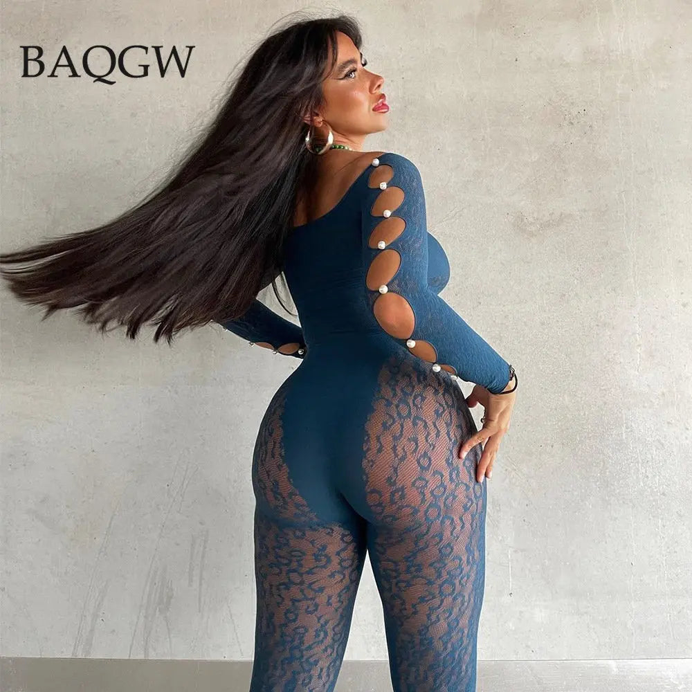 Sexy Deep V Neck Cut Out Mesh Hollow Out Slim Jumpsuit Women Print Long Sleeve Button See Through Pencil Pants One Piece Rompers