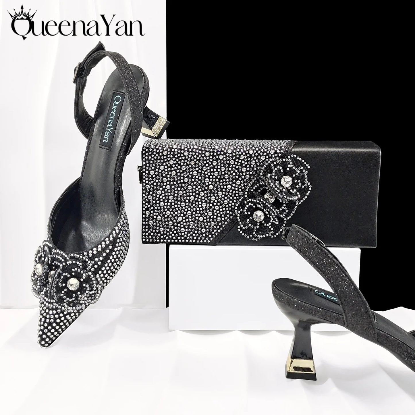 QueenaYan Elegant African-Inspired Evening Shoes and Handmade Clutch Set Pointed Toe High-Heel Women's Footwear and Matching Bag