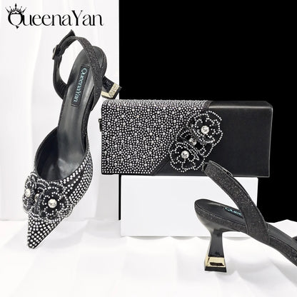 QueenaYan Elegant African-Inspired Evening Shoes and Handmade Clutch Set Pointed Toe High-Heel Women's Footwear and Matching Bag
