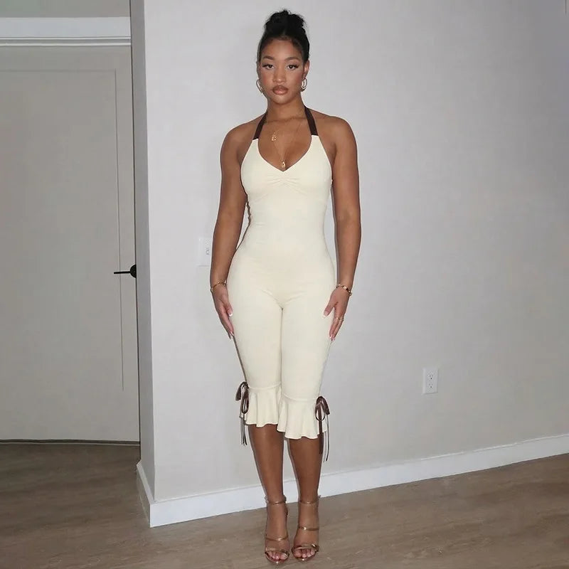 Summer Lace Up Halter Bow Y2K Jumpsuit Women Sexy V Neck Backless Bandage Skinny Party Club Rompers Beach Holiday Overall Outfit