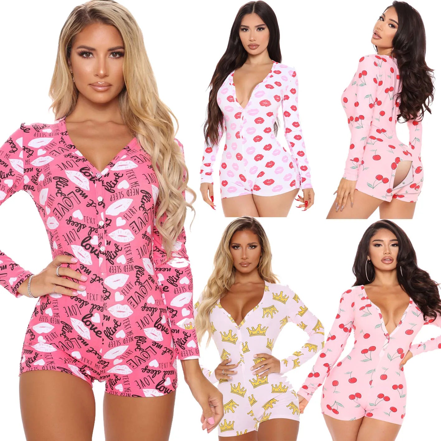 Women's Pajama High Waist Playsuit Christmas Pattern Printing Romper Long Sleeve V Neck Short Pants Home Wear Clothes