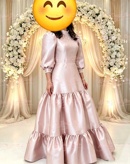Satin Bridesmaid Dress For Women Balloon Sleeve A-line High Neck WIth Pearls Birthday Party Evening Ball Gown Customized