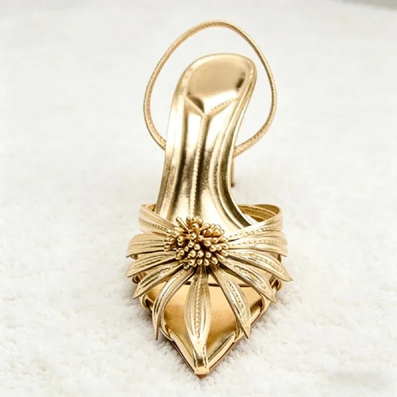 Gold Flower Designer Backless Women's Sandals Summer 2026 Novelty Sexy Pointed Toe Pumps Heels Women Luxury Banquet Party Shoes