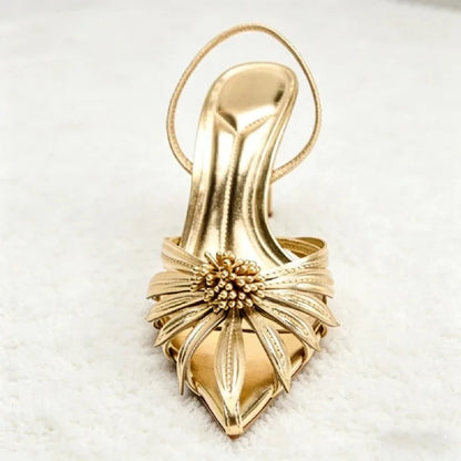 Gold Flower Designer Backless Women's Sandals Summer 2026 Novelty Sexy Pointed Toe Pumps Heels Women Luxury Banquet Party Shoes