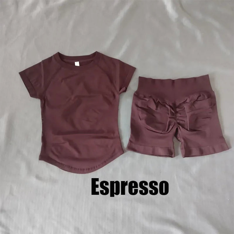 2-piece set DF L0G0 seamless sports and fitness suit short sleeves, impact yoga fitness running shorts sports set