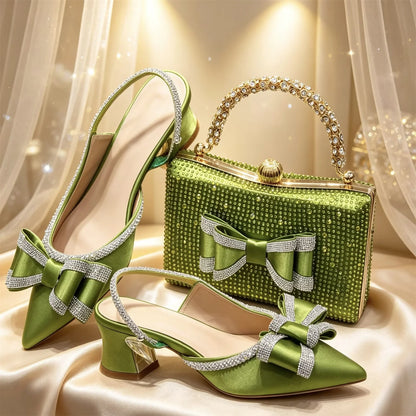 Elegant Gold Satin Rhinestone Bow Slingback Heel & Clutch Bag Set, Women Bridal Matching Kit For Wedding Party Evening Prom Form