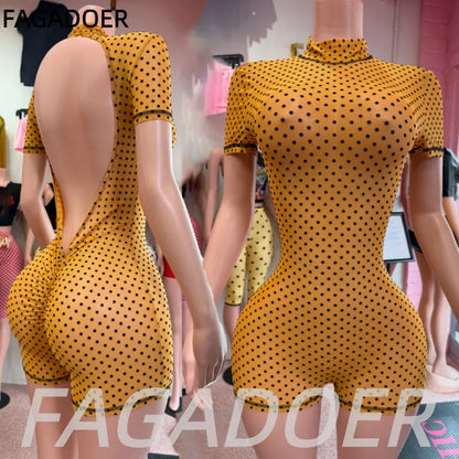FAGADOER Khaki Polka Dot Bodycon Shorts Romper Women Stand Collar Back Hollow Out Skinny Jumpsuits Mesh See Through Playsuit