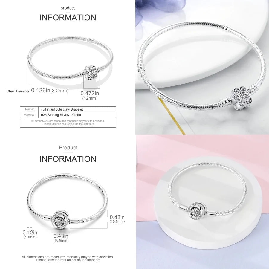 Silver 925 Bracelet Original Bracelets Colorful Zircon Heart Flower Cat Snake Chain For DIY Charms 17-20CM Luxury Jewelry Gifts