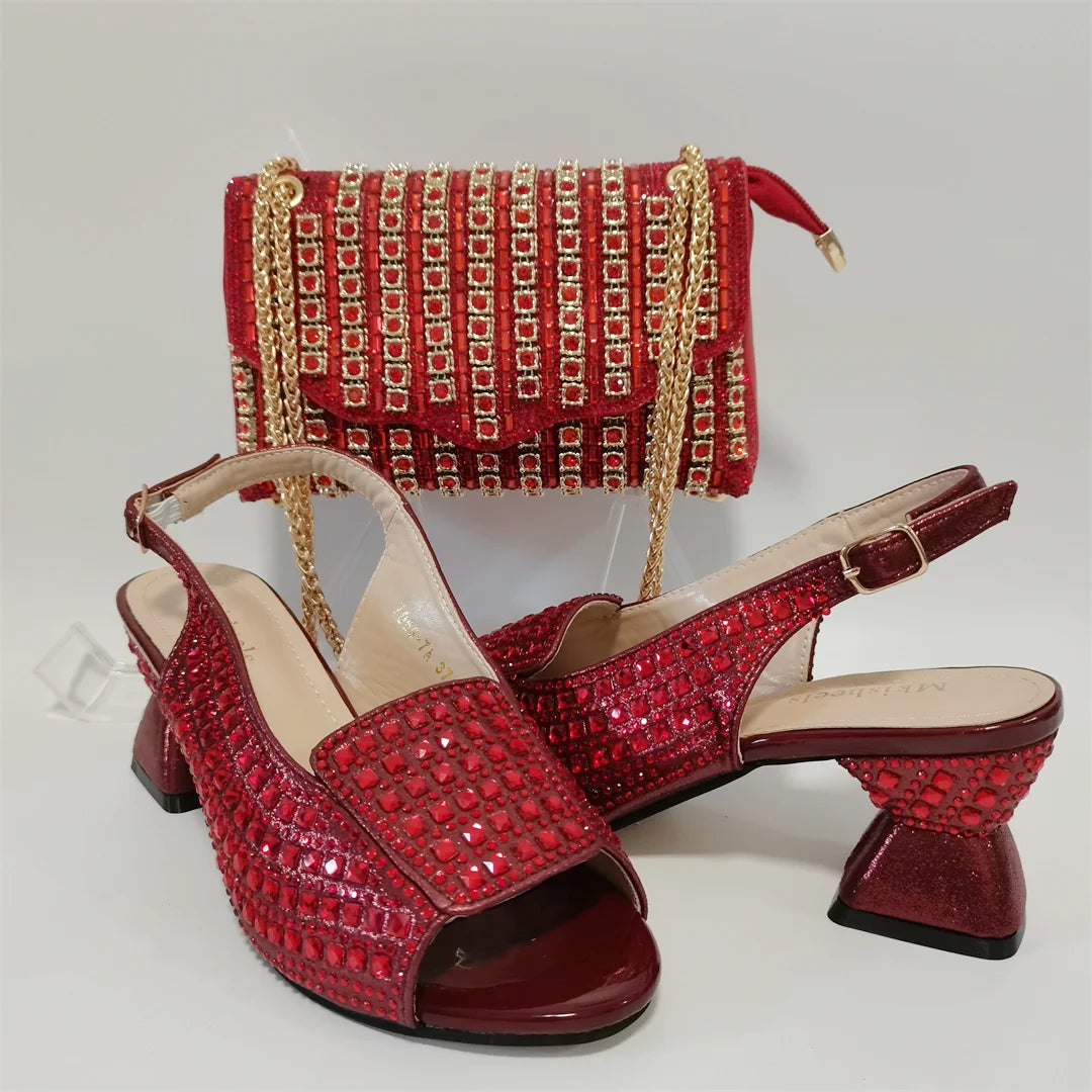 Hot Selling Blue Mid Heel Women Crystal Design Sandal with Rhinestone Bag Set For Lady Party Rhinestone Sandal Shoes F1207-3