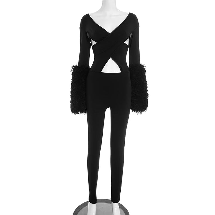 Weird Puss Cross Hollow Jumpsuit Women Sexy Fit Fur Patchwork Full Sleeve Workout Activity Streetwear Stretch Tight Overalls